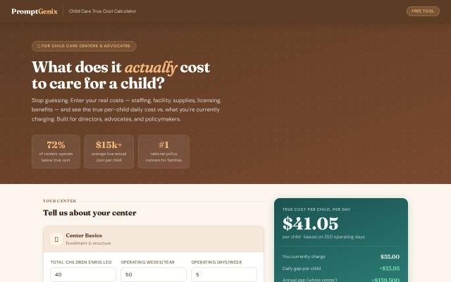 Screenshot: Child Care True Cost Calculator